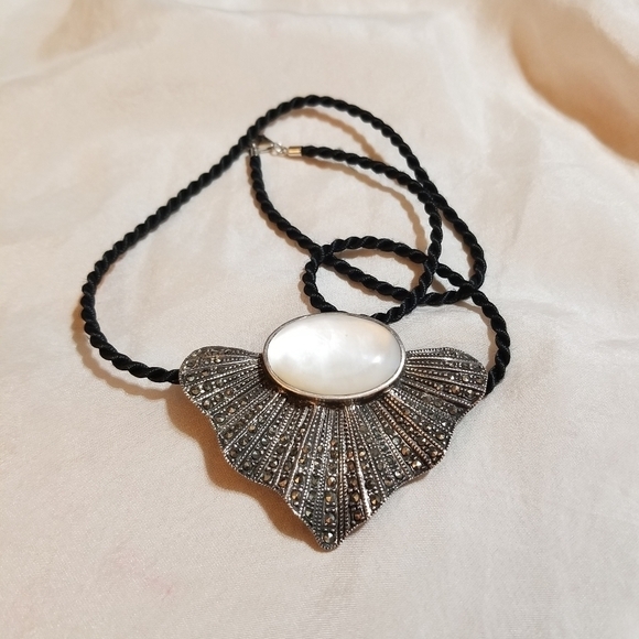VTG Designer Sterling MOP Marcasite Necklace/ Brooch - Picture 5 of 7